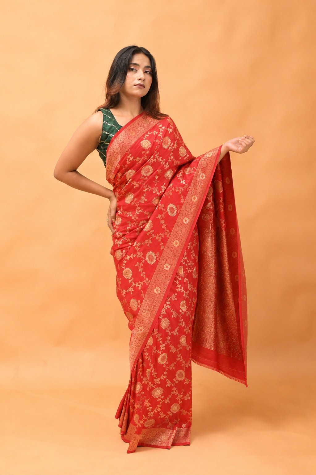 Vermilion Red Banarasi Brocade Saree With Handwoven Floral Jangla Design